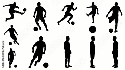 Silhouettes of soccer players in various dynamic poses.