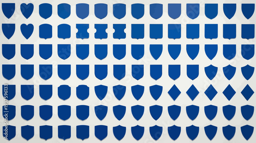Collection of blue shield icons with varied shapes on white background.