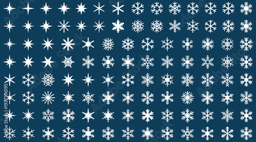 Collection of white snowflakes on a dark blue background.