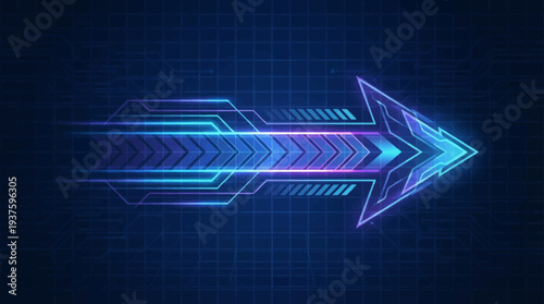 Futuristic neon arrow pointing to the right with vibrant colors.