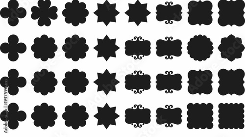 Collection of black decorative shapes on white background.