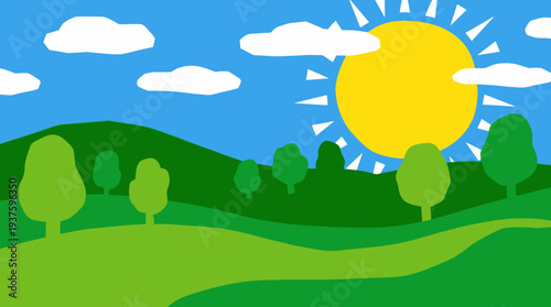 Serene Cartoon Landscape with Rolling Hills and Sunny Sky.