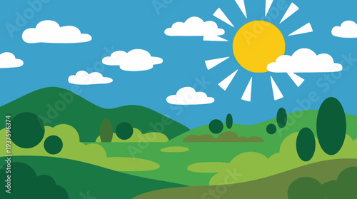 Serene landscape with sun shining over green hills and trees.