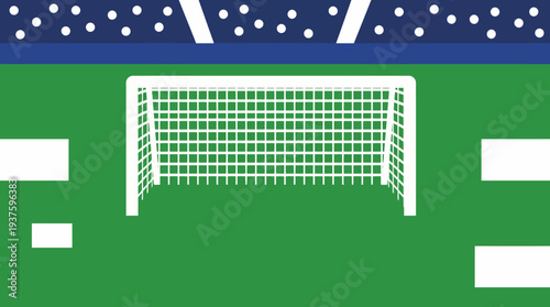 Simple illustration of a soccer goal on a green field with a blue background.