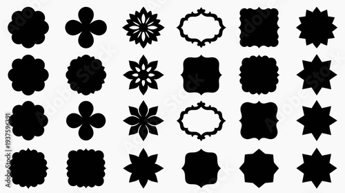 Collection of twenty assorted black silhouette shapes on white background.