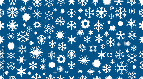 White snowflakes on a blue background, winter pattern, frosty design, cold weather theme, snowy texture, icy decoration, frozen motif, seasonal illustration.