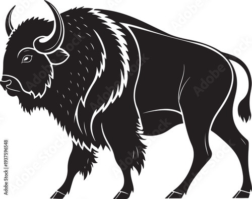 Bison Walking Silhouette Hand-drawn Sketch Drawing Vector Illustration, Line Linear Symbol Black and White Engraving, Isolated