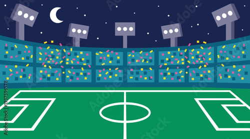 Nighttime soccer stadium with illuminated floodlights and full moon.