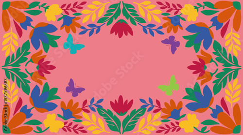 Vibrant floral frame with butterflies on pink background.
