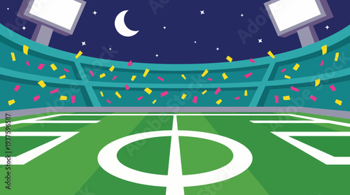 Soccer Stadium with Confetti and Floodlights at Night.