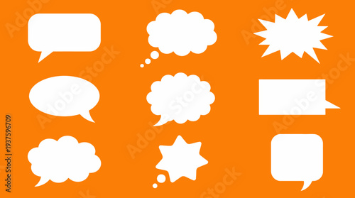 Collection of white speech bubbles on an orange background.