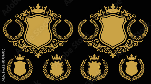 Luxury gold ornate crest emblems and shields with crowns on black background.