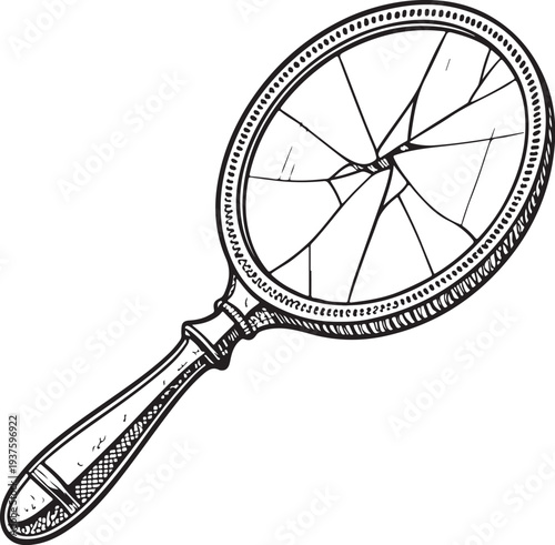 Broken Mirror Hand-drawn Sketch Drawing Vector Illustration, Line Linear Symbol Black and White Engraving, Isolated