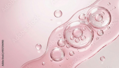 Fotografie Close-up abstract cosmetic serum texture with transparent bubbles floating in pink liquid gel