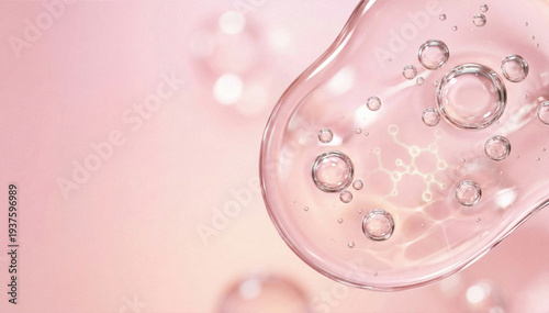 Macro close-up of transparent cosmetic serum with bubbles and molecular structure inside a glossy pink liquid texture. Beauty skincare science concept featuring hydration, collagen or hyaluronic acid 