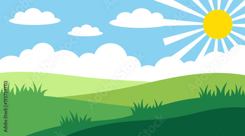 Serene landscape with sun shining over green hills and fluffy clouds.