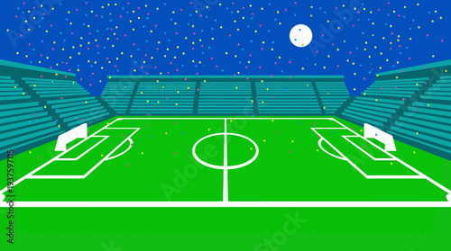 Empty soccer stadium under the night sky with full moon and stars.