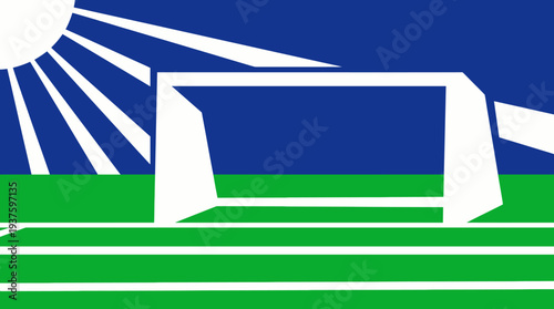 Soccer goal on a green field with sun rays.