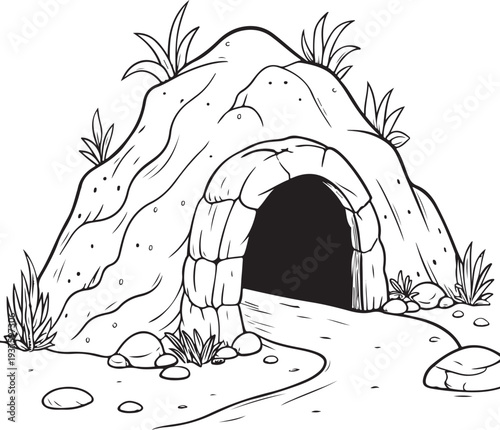 Cave Hand-drawn Sketch Drawing Vector Illustration, Line Linear Symbol Black and White Engraving, Isolated