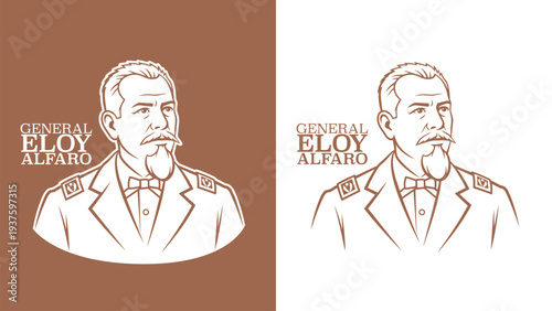 Digital artistic interpretation of the Ecuadorian historical leader Eloy Alfaro in vector line art style.