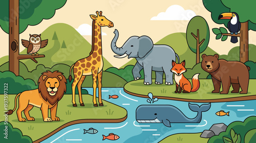 Cartoon animals in a forest landscape with a river.