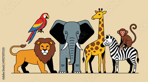 Colorful cartoon animals standing together in a row.