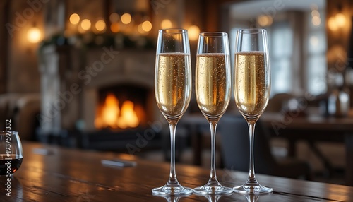 Elegant champagne flutes filled with a light-colored sparkling wine on a bar counter, with a warm fireplace and cozy interior background, conveying a cozy winter gathering.