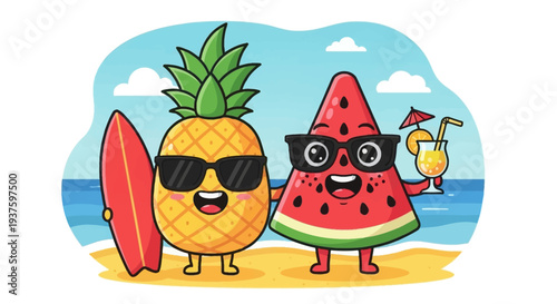 Cartoon pineapple and watermelon characters enjoying a beach day with sunglasses and drinks.