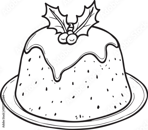 Christmas pudding Hand-drawn Sketch Drawing Vector Illustration, Line Linear Symbol Black and White Engraving, Isolated