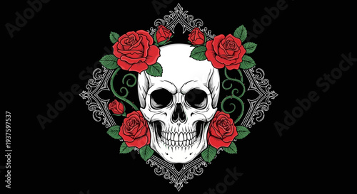 Ornate skull surrounded by red roses on black background.