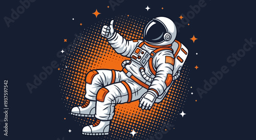 Astronaut in Space Giving Thumbs Up with Orange Accents.