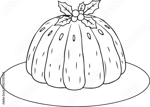 Christmas pudding Hand-drawn Sketch Drawing Vector Illustration, Line Linear Symbol Black and White Engraving, Isolated
