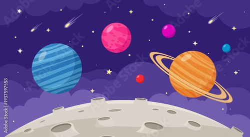 Colorful Cartoon Illustration of Planets in Space with Moon Surface.