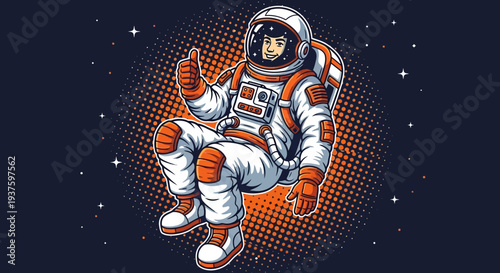 Astronaut in white spacesuit floating in space giving thumbs up.