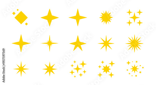 Collection of yellow star and sparkle icons in various designs and patterns.