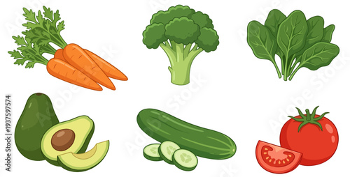 Vegetable clipart set: carrots, broccoli, tomatoes, cucumbers, peppers, digital illustration style, isolated elements, white background, no text, PNG, transparent background, healthy organic food set