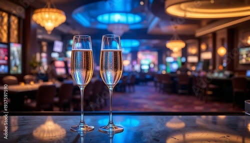  Elegant champagne flutes filled with a light-colored sparkling wine on a bar counter, with a blurred casino interior and gambling tables in the background. 