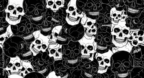 Black and white illustration of numerous skulls in various orientations.