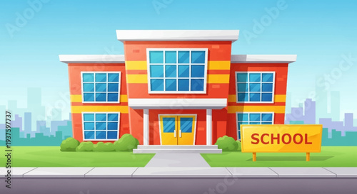 Colorful cartoon illustration of a modern elementary school building with a sign.