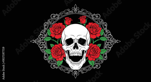 Decorative skull surrounded by red roses on black background.