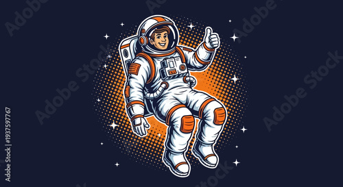 Astronaut floating in space with thumbs up gesture.