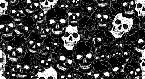 Black and white illustration of numerous skulls in various sizes and orientations.