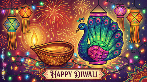 a vibrant and colorful graphic depicting a happy Diwali scene