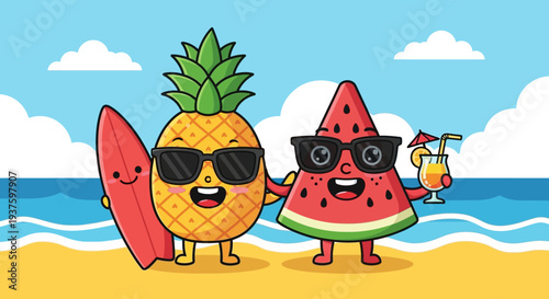 Cartoon pineapple and watermelon characters enjoying a beach day with sunglasses and surfboard.