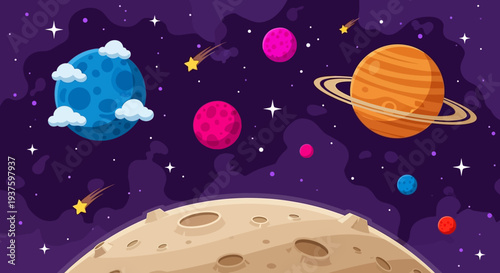Colorful Cartoon Illustration of Planets in Outer Space.