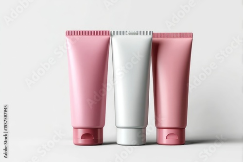 Three upright cosmetic tubes two rose-pink and one silver with flip-top caps and ribbed upper edges stand against a plain background