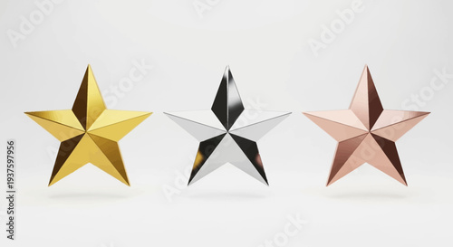 Three 3D stars in gold, silver, and rose gold on a white background.