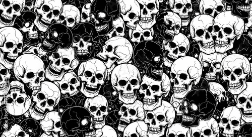 Black and white illustration of numerous skulls in various orientations.
