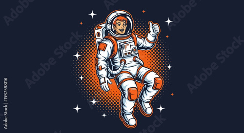 Astronaut floating in space with thumbs up gesture.