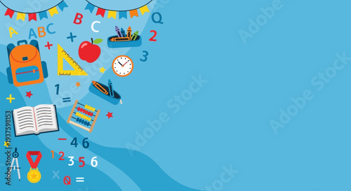 Colorful school supplies and objects arranged on blue background.